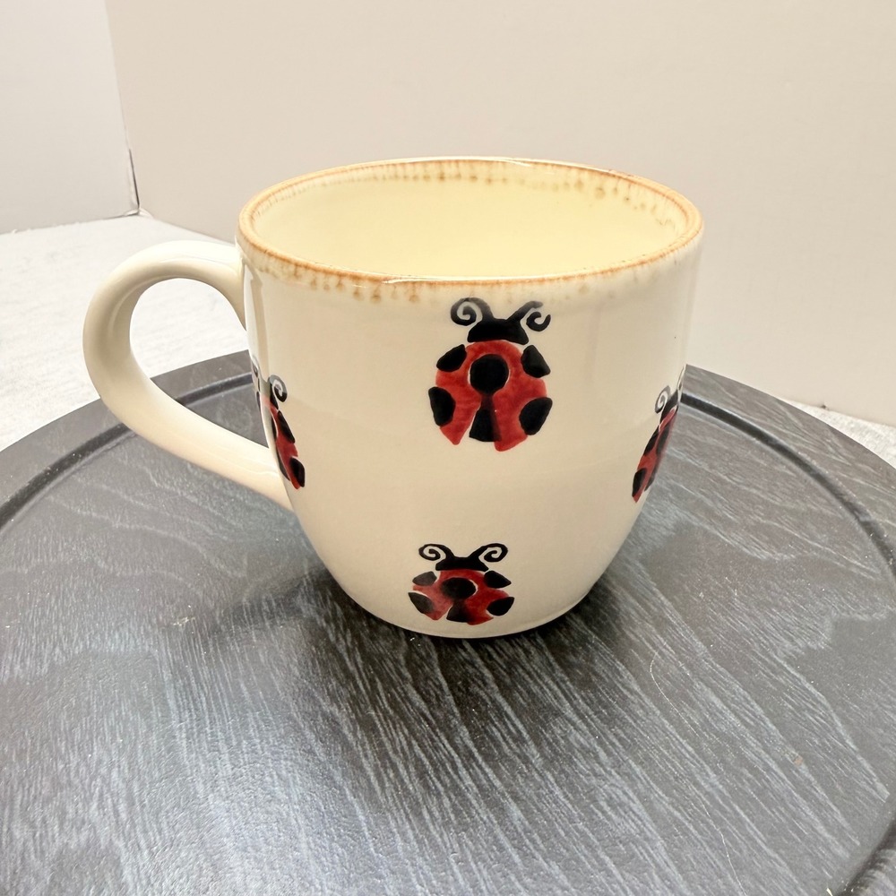 Hand Painted Ladybug Ceramic Coffee Mug Made in Portugal Cream Red Black 4in
